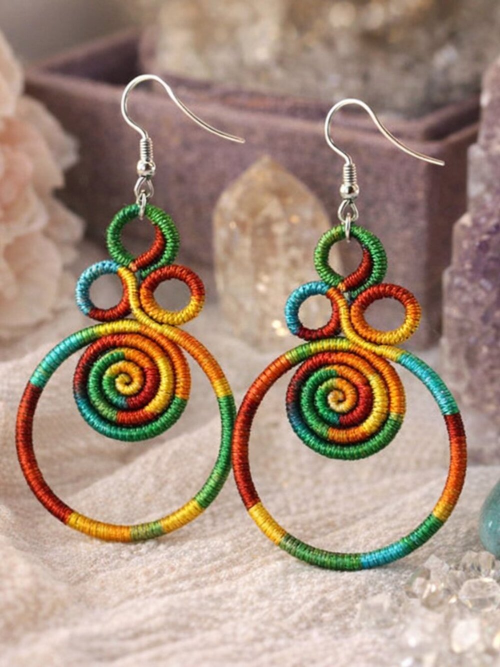 Vintage Inspired Chinese Multi-Green Color Wire Rope Wrapped Dangle Y2K Earrings
